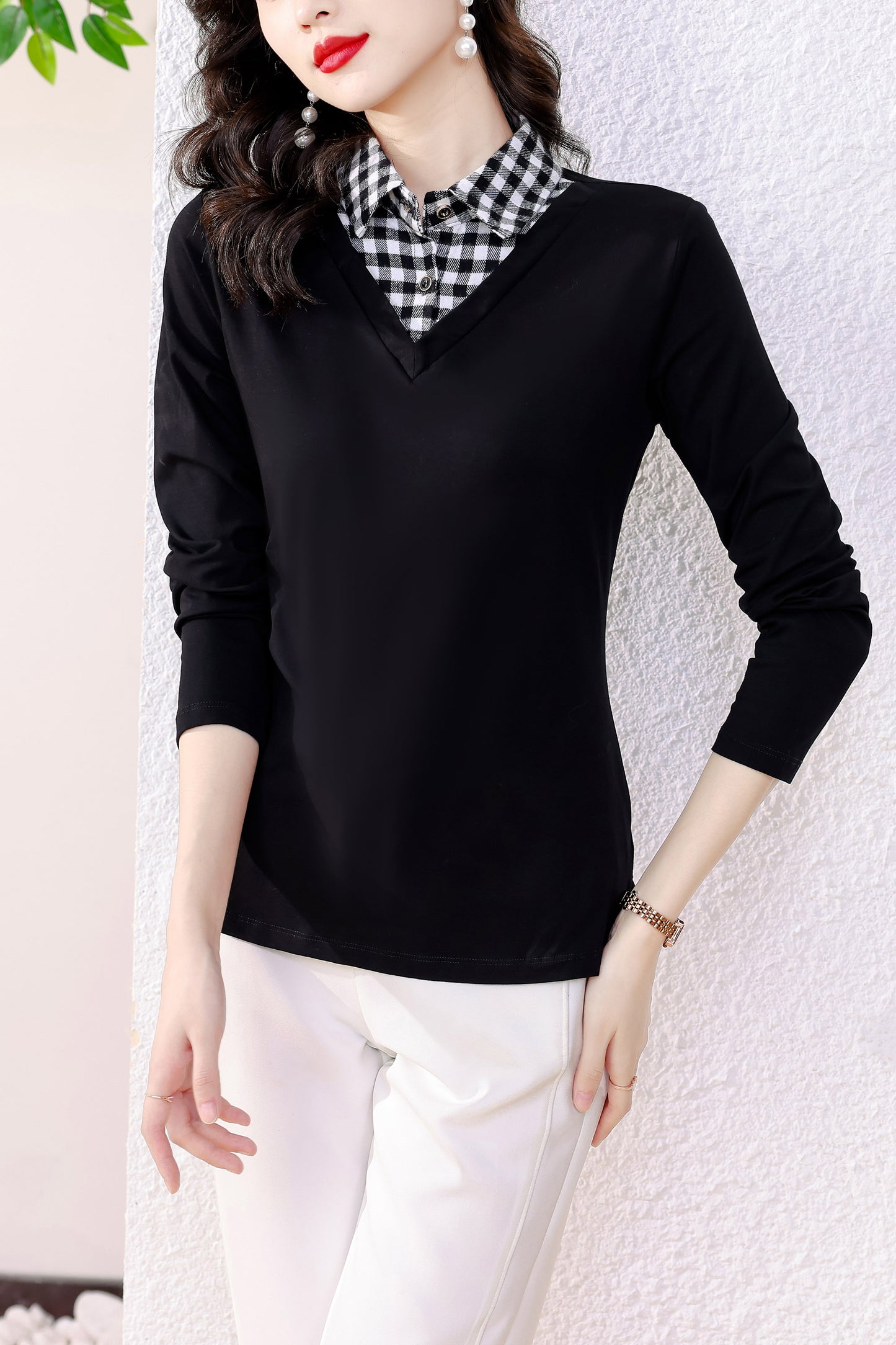 Black Patchwork Gingham Collared Neck Solid Long Sleeve Button up Blouse