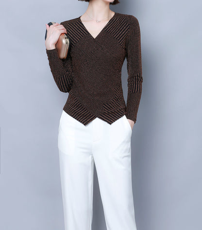 Vintage Slim Sparkle V-Neck Lightweight Breathable Pullover tops