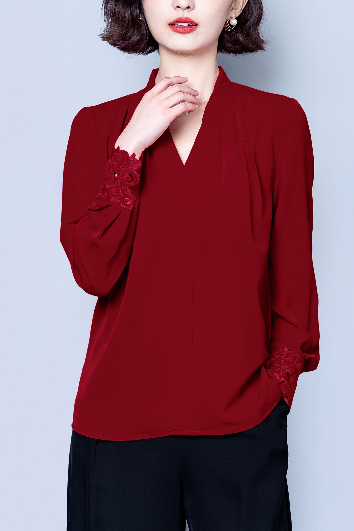 Dark red Solid Embroidery V-neck Long Sleeves Stain Shirt Blouse