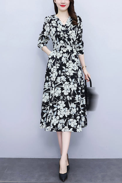 White V Neckline Long Sleeves Tie Back Floral Print Midi Dress