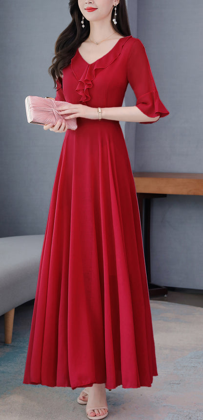 Elegant Solid Color Long sleeve V-neck Maxi Dress - LAI MENG FIVE CATS