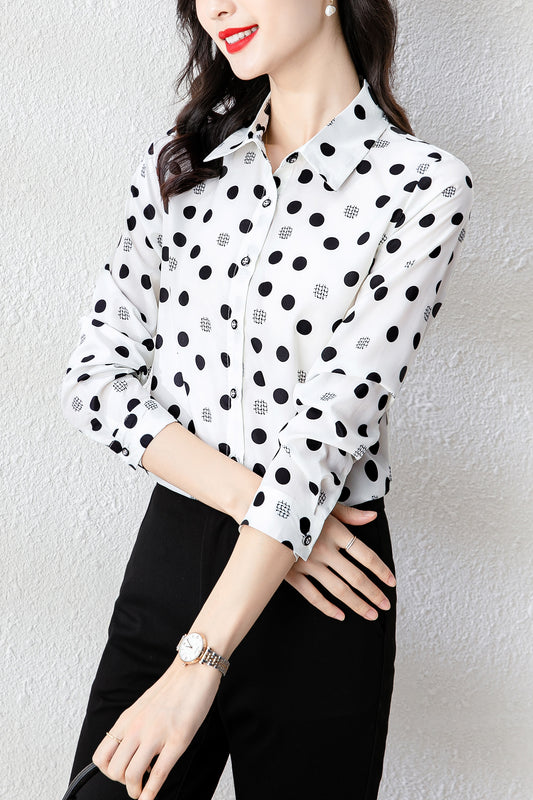 White Collared Neckline Spots Long Sleeves Blouse Top Shirt