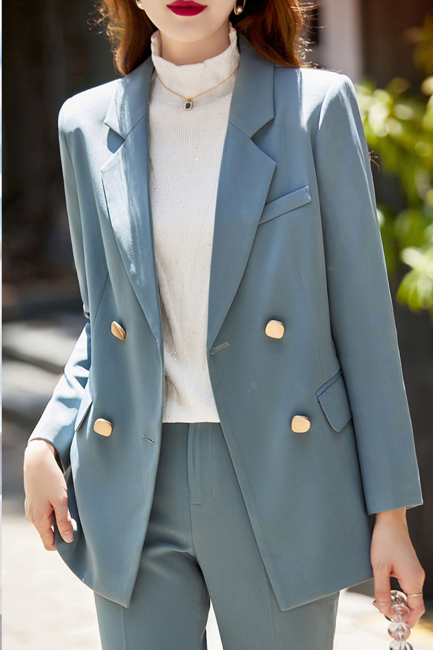 Blue Double Breasted Long Sleeves Solid Blazer