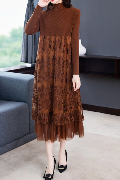 Brown Long Sleeves Mesh Patchwork Embroidery Loose High Neck Midi Dress