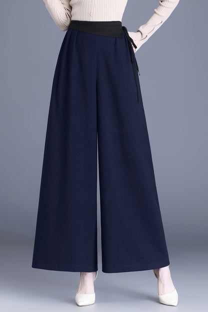 Blue High Waist Solid Wide Leg Trousres with Pocket