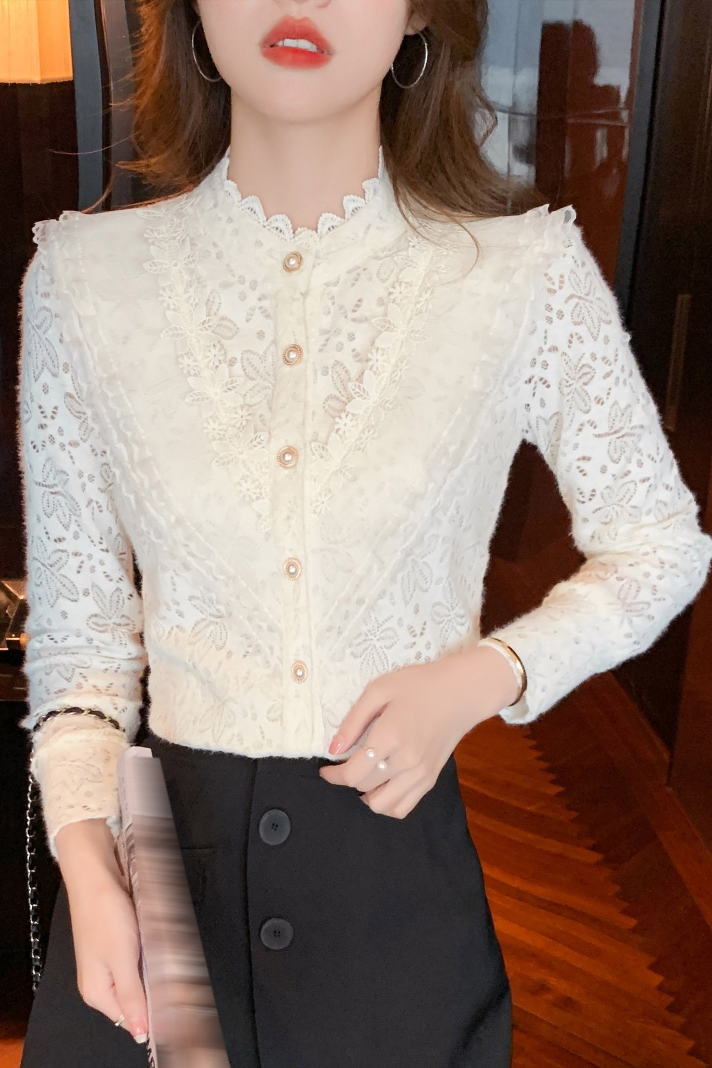 White Solid Lace Long Sleeve Button-Front Blouse