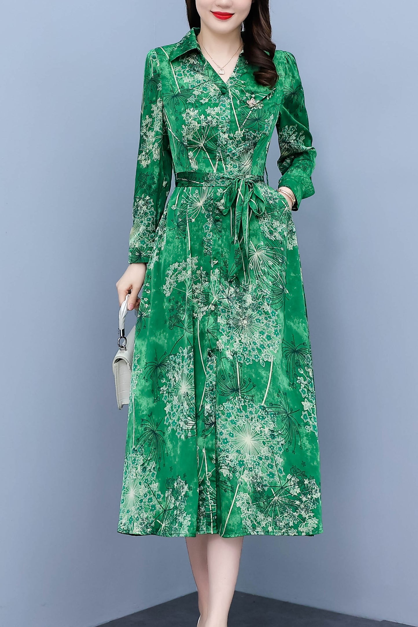 Green Collared Neckline Long Sleeves Tie Belted Floral Print Midi Dress