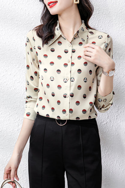 Yellow Collared Neckline Spots Long Sleeves Blouse Top Shirt