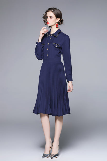 Women Solid Blue Elegant Chian Midi Dress