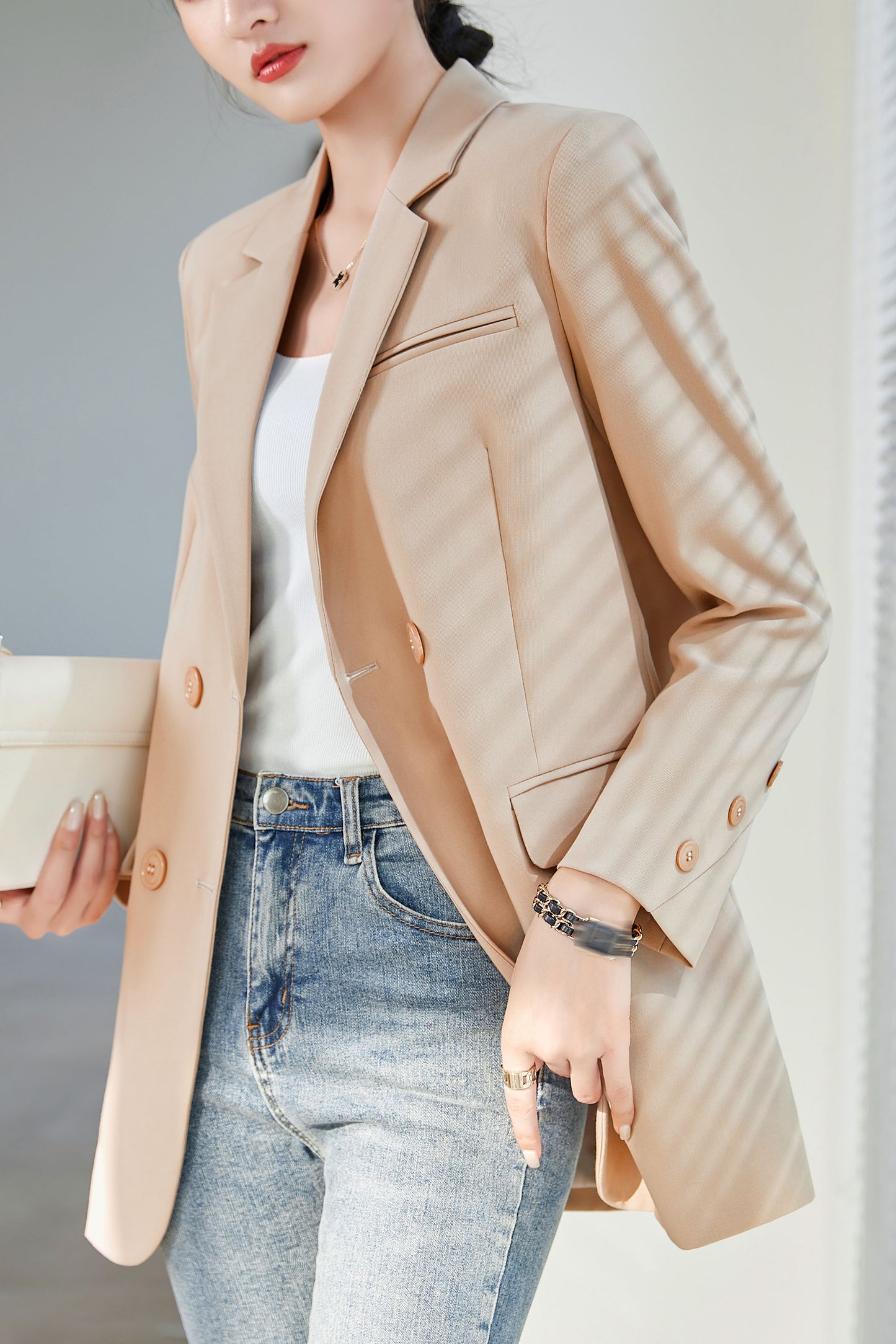 Apricot Double Breasted Long Sleeves Solid Blazer