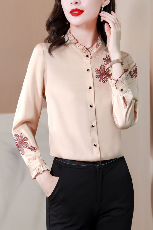 Solid Embroidery Frill Crew Neck Long sleeves Button up Blouse Shirt