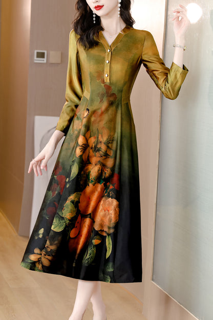 V Neck Long Sleeves Floral Print with Pocket Midi Dress