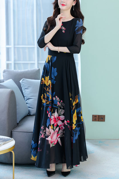 Black Crew Neck Long Sleeves Floral Print Midi Dress