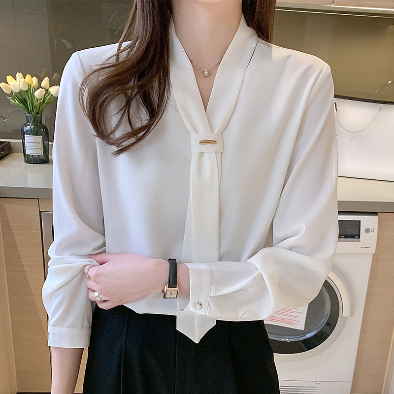 Solid Color Bow Tie Long Sleeve Button up Shirt Blouse