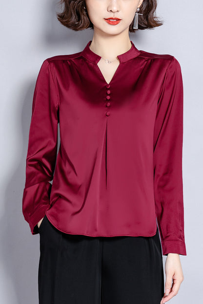 Solid Red V-neck Long Sleeves Stain Shirt Blouse