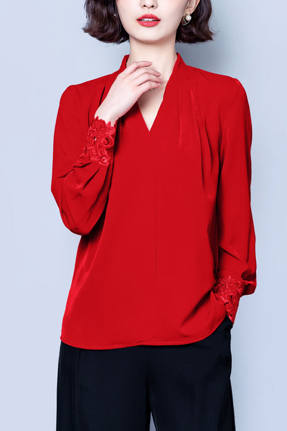 Red Solid Embroidery V-neck Long Sleeves Stain Shirt Blouse