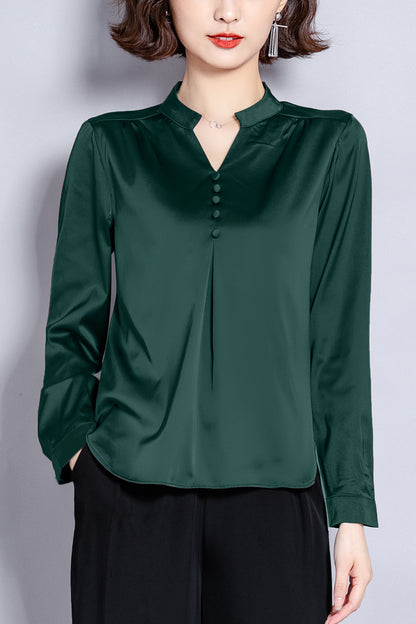 Solid Dark Green V-neck Long Sleeves Stain Shirt Blouse