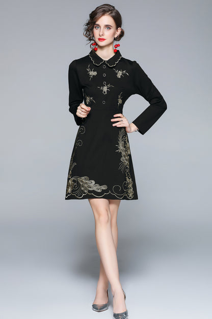 Doll Collar Embroidery Long Sleeves Mini Dress