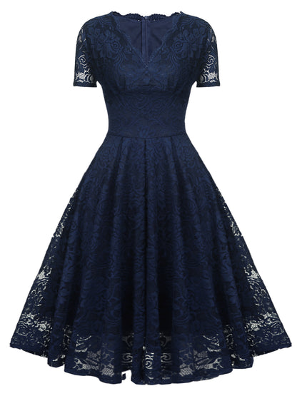 Navy Blue A-line V-neck Short Sleeved Lace Evening Dress
