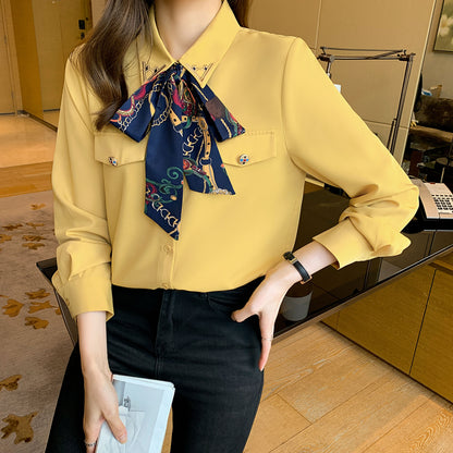 Women's Yellow Shirt with Bow Tie Solid color Blouse