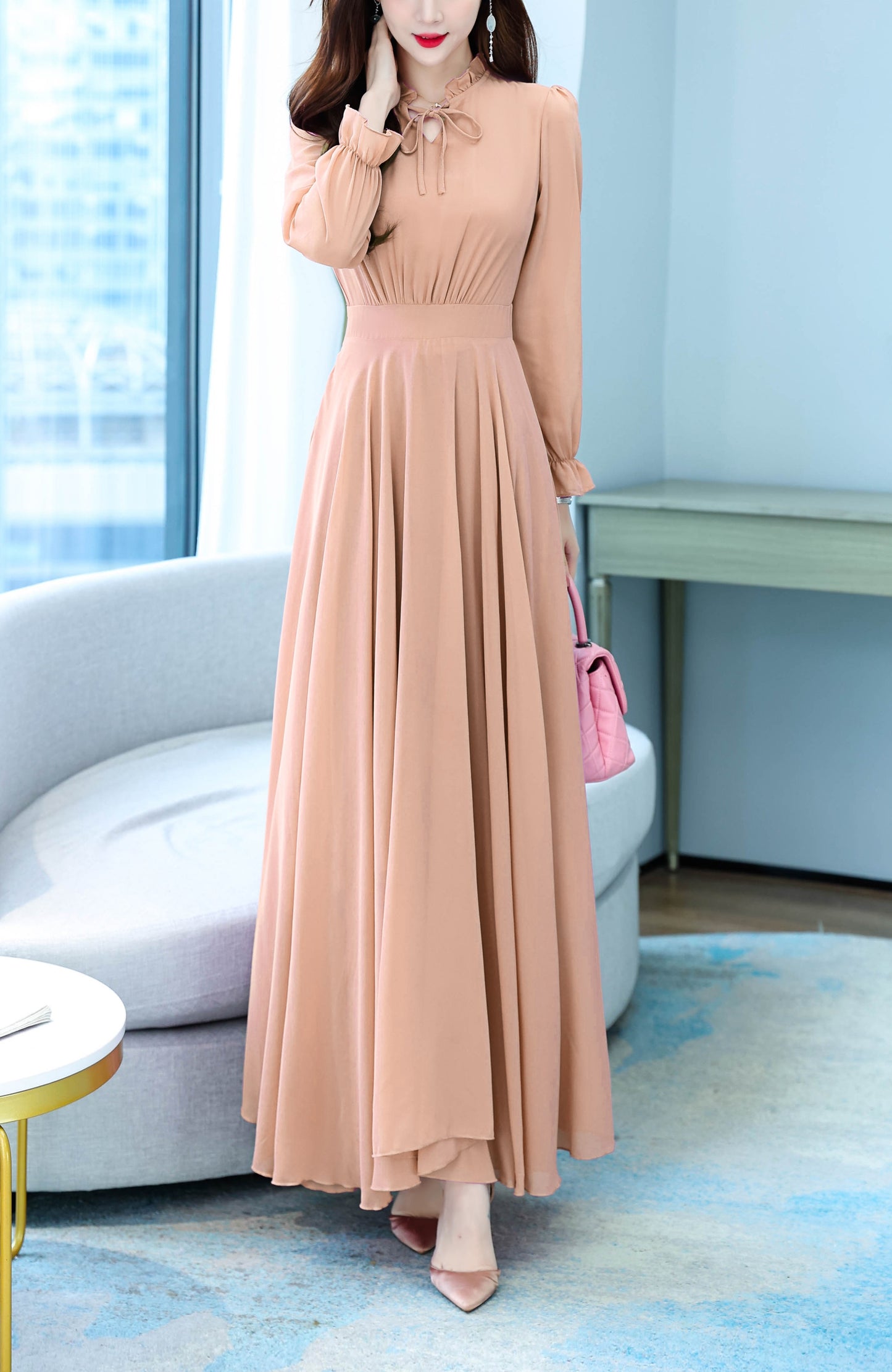 Tie V-neck Solid Color Flared Sleeves Maxi Dress