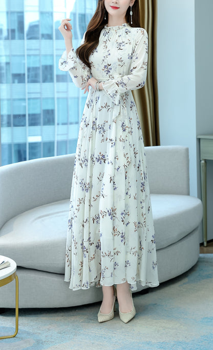 Black&White Floral Pattern Agaric Trim Maxi Dress With Belt
