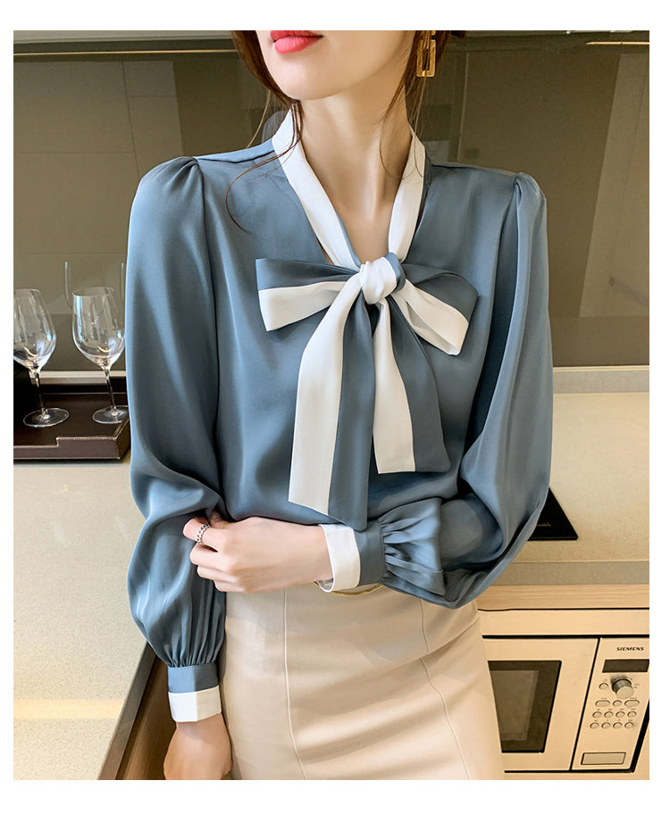 Elegant  Bow Tie Button-Down Solid Blouse （3 color options）