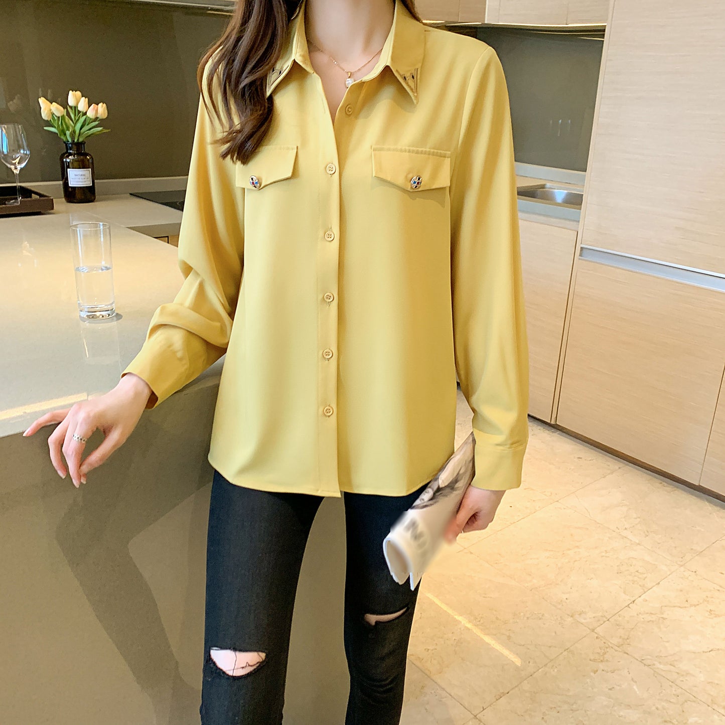 Women's Yellow Shirt with Bow Tie Solid color Blouse