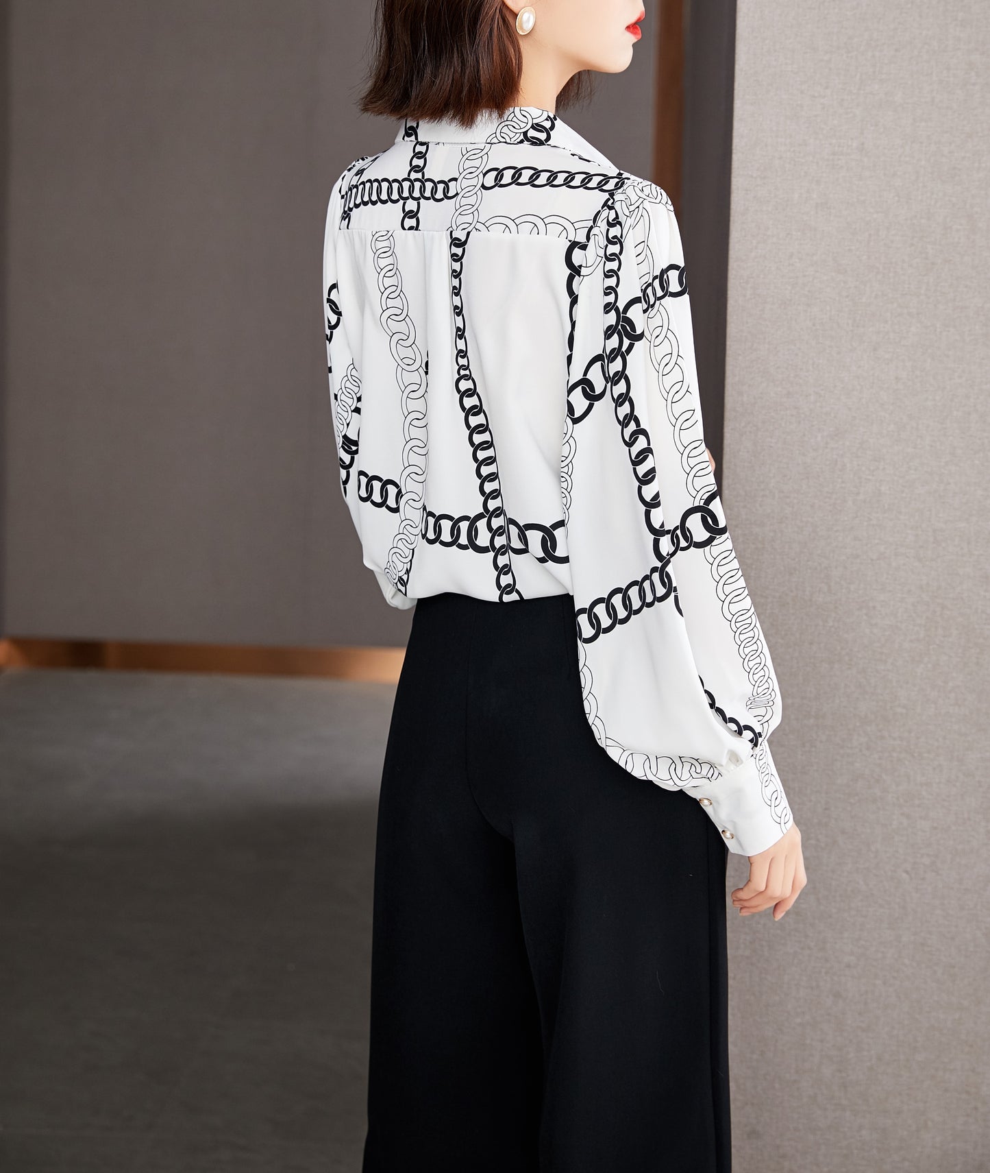 Black and White Long Sleeved Buttoned Chain Print Shirt