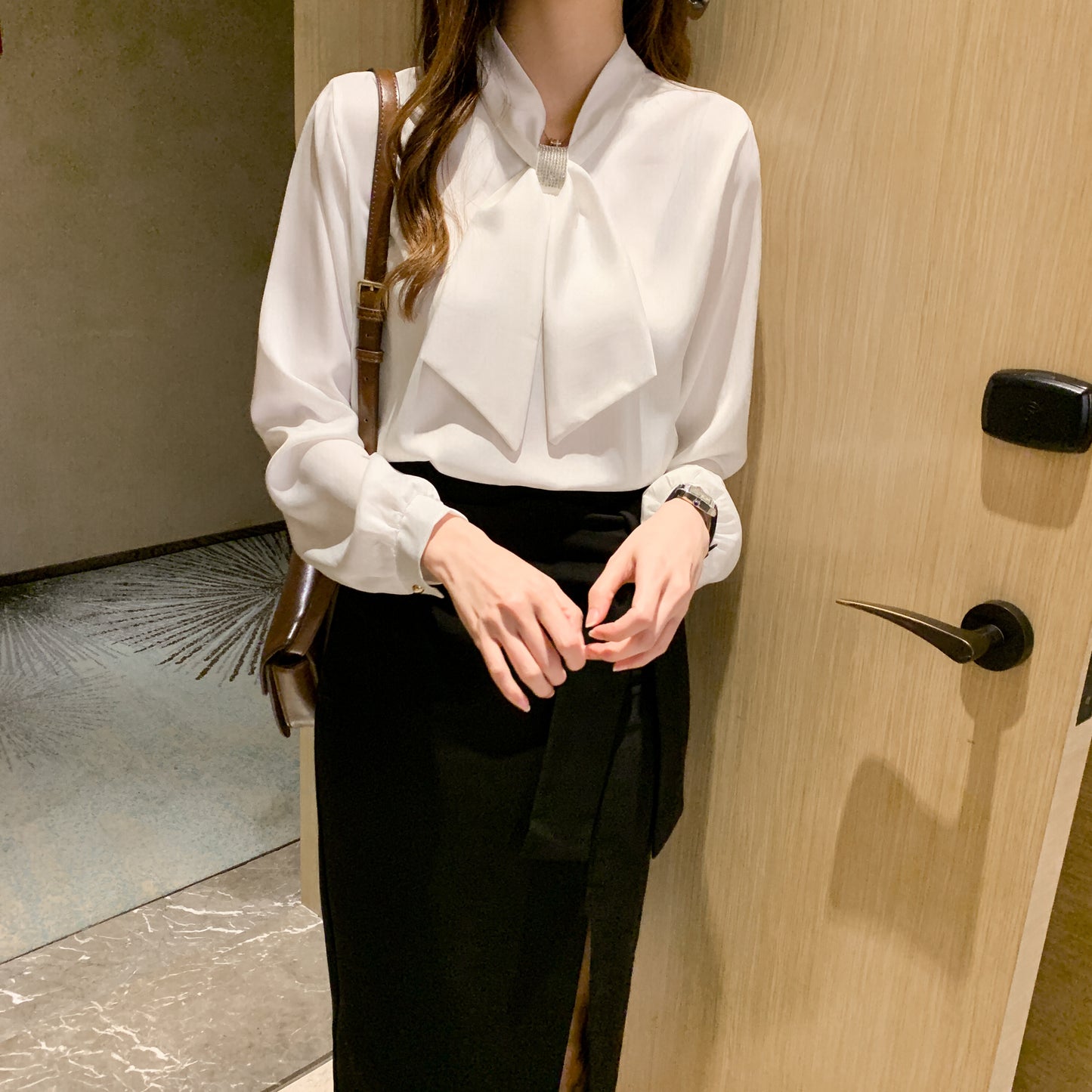 Solid Bow Tie Long Sleeve Top Blouse
