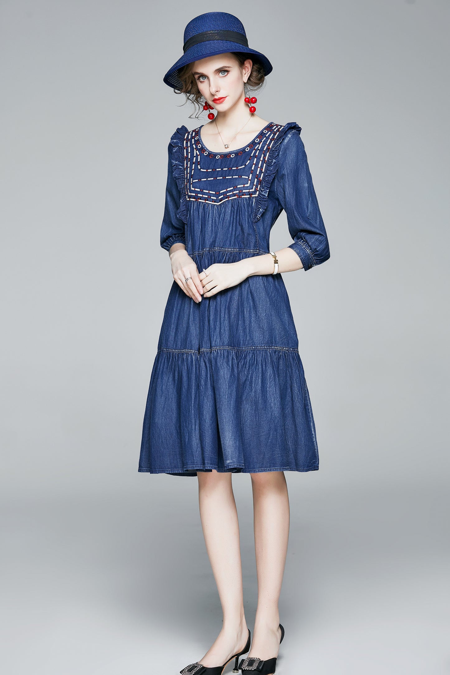 Embroidered Pattern Layered Design Hem Vintage Denim Dress