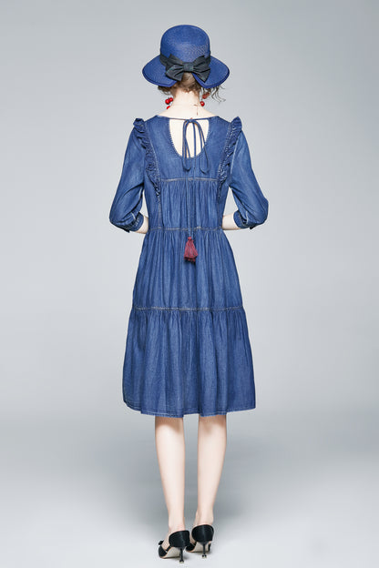 Embroidered Pattern Layered Design Hem Vintage Denim Dress