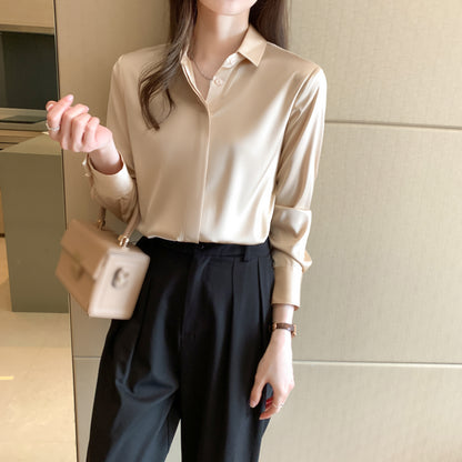 Women's 3/4 Sleeve Solid Color Long Button Down Stain Blouse - LAI MENG FIVE CATS