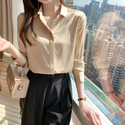 Women's 3/4 Sleeve Solid Color Long Button Down Stain Blouse - LAI MENG FIVE CATS