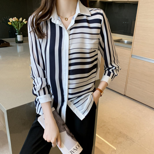 Women's Stripe Blouse Cotton Casual Tops Long Sleeve Button-Down Tops
