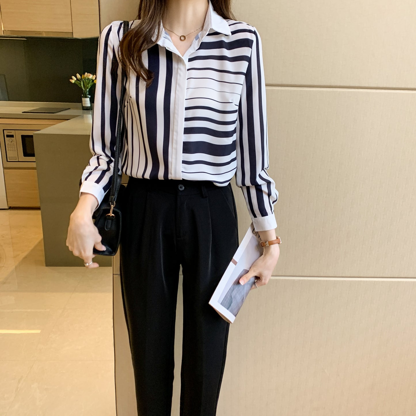Women's Stripe Blouse Cotton Casual Tops Long Sleeve Button-Down Tops