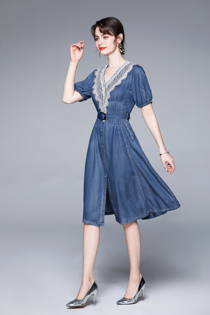 Lace V-neck Trim Short Sleeve Midi Denim Dress