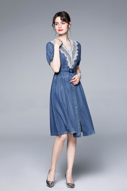 Lace V-neck Trim Short Sleeve Midi Denim Dress