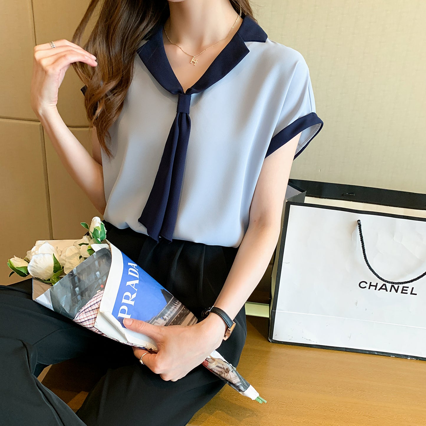 Solid Color Bow Tie Short Sleeve Button up Shirt Blouse