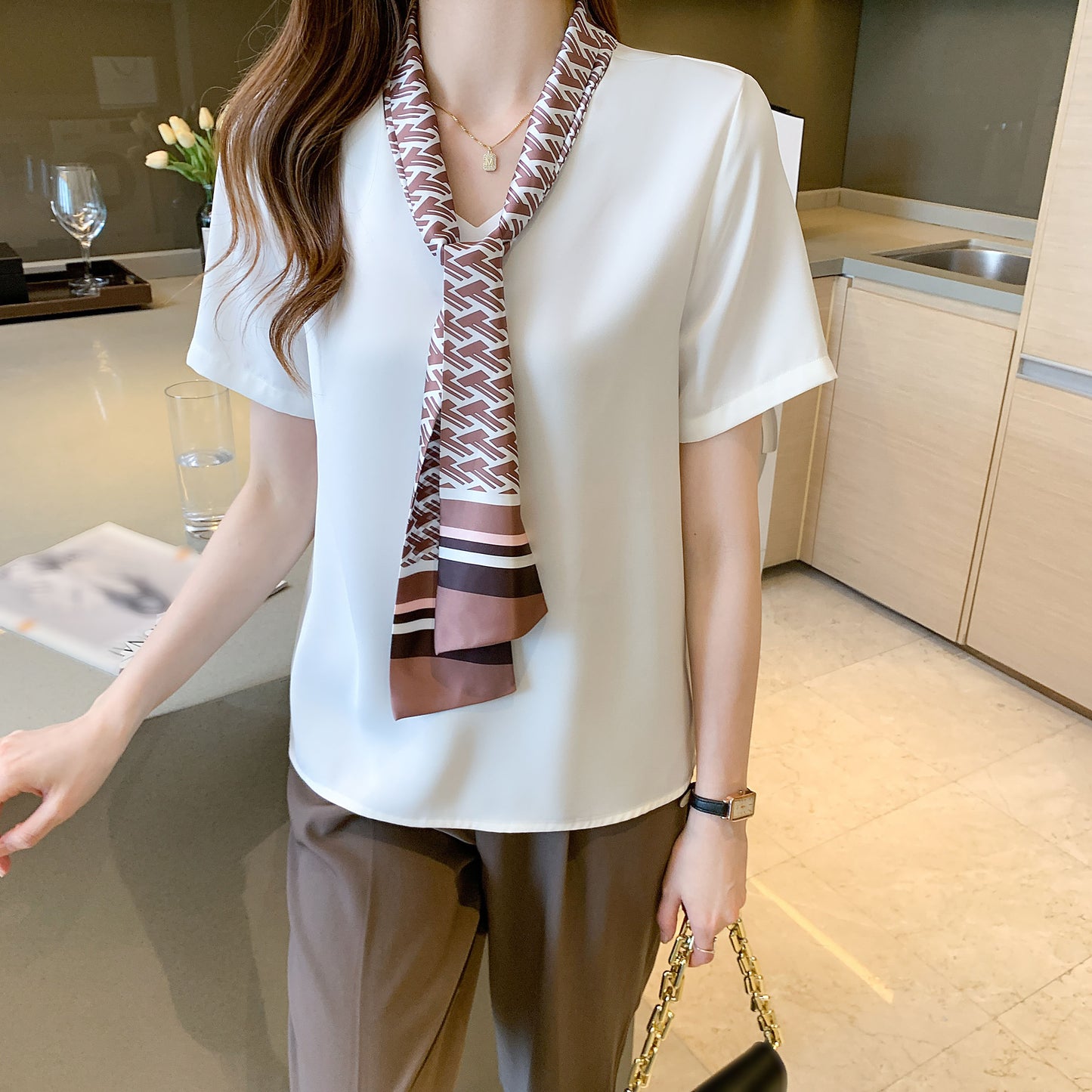 Solid Color Bow Tie Short Sleeve Button up Shirt Blouse
