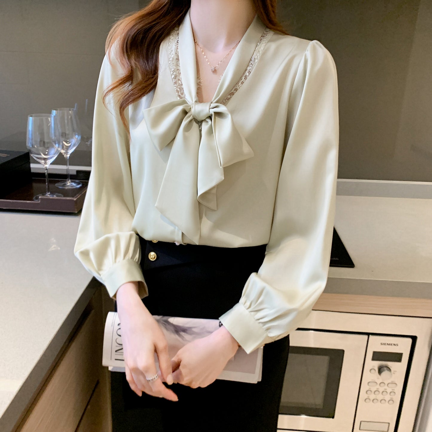 Solid Color Bow Tie Long Sleeve Button up Stain Shirt Blouse