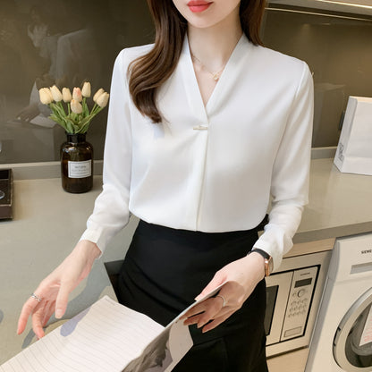 V-Neck Long White Long Sleeve Solid Blouse - LAI MENG FIVE CATS