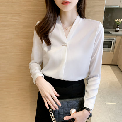 V-Neck Long White Long Sleeve Solid Blouse - LAI MENG FIVE CATS