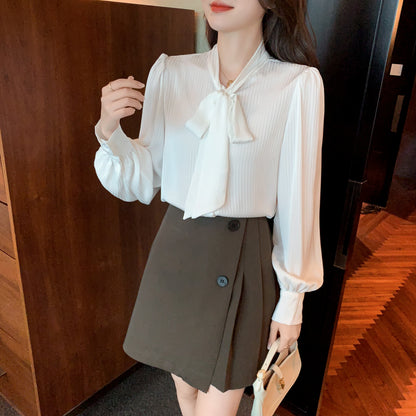 Solid Bow Tie Long Sleeve Top Blouse