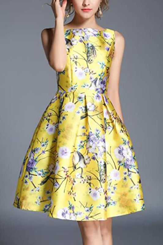 Yellow Floral Print ELegant Cocktail Dresses