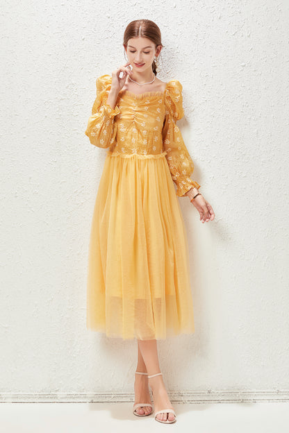 Yellow Floral Print Retro Puff Sleeve Maxi Dress