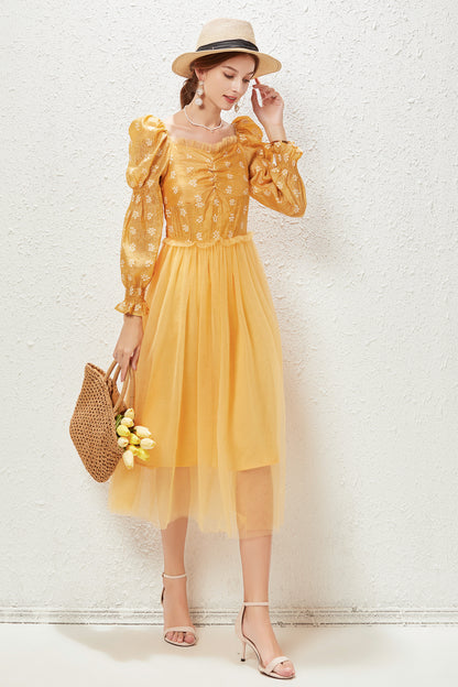 Yellow Floral Print Retro Puff Sleeve Maxi Dress