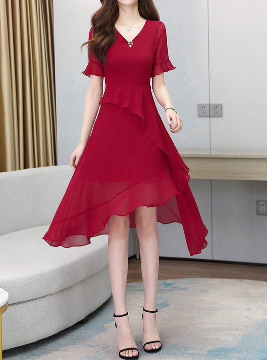 Women V-Neck Elegant Office Ruffle Slevee Midi Solid Dress