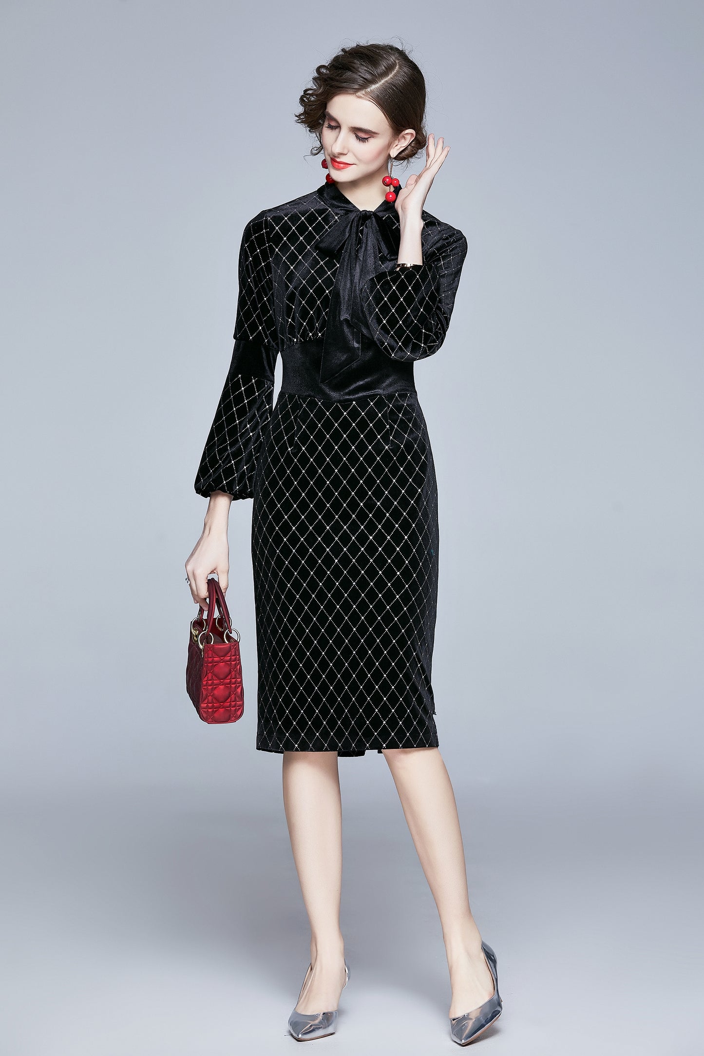 Women Black Velvet Long Sleeve A-line Dress Coat