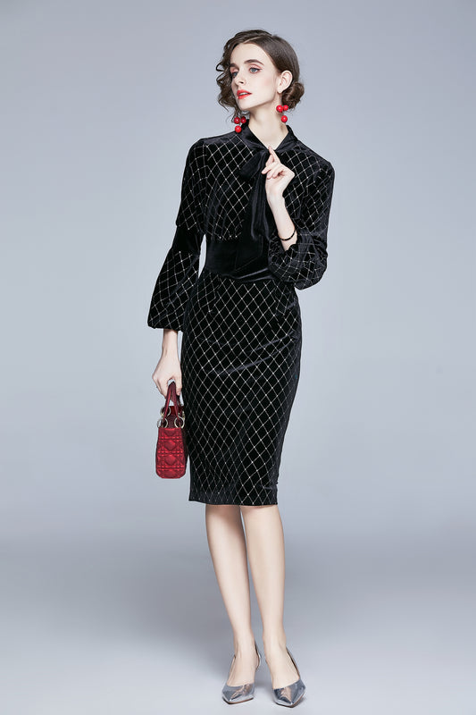Women Black Velvet Long Sleeve A-line Dress Coat